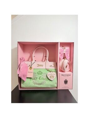 Juicy Couture Pink & Mint Velour Satchel Gift Set with Bow Keychain